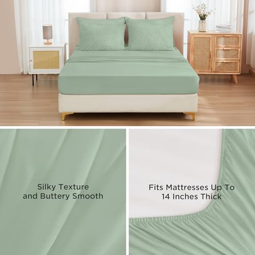 Image of Andency Super King Plus Comforter Set Sage Green - 7 Pieces Bed in a Bag Oversized King Bedding Sets, Boho Tufted Lightweight Fluffy Bed Set with Comforter, Sheets, Pillowcases & Shams