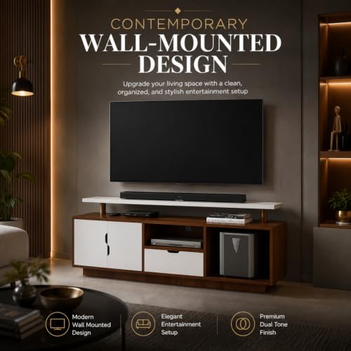 Image of GRATUS Wall Mounted TV Unit for Living Room | Wooden TV Cabinet with 3 Storage Compartments, 2 Shutters, Drawer & Open Shelf | Entertainment Center for 43, 55 & 65 Inch TVs