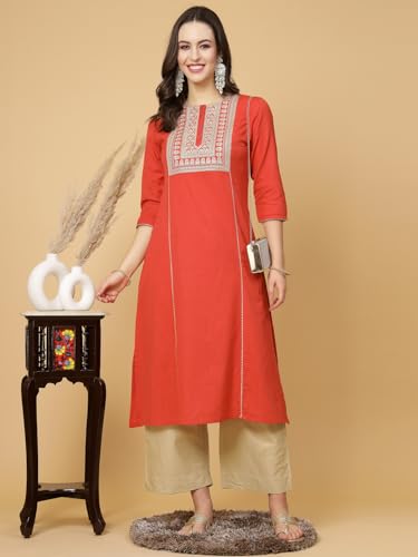 Image of Pistaa's Women's Cotton Relaxed Fit A Line Embroid A-Line Pattern Kurta