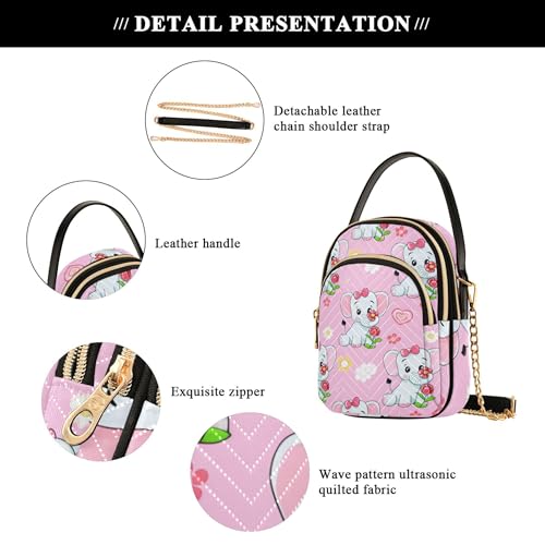 Women Single Shoulder Purse Quilted Chain Strap Cell Phone Handbag Chic Zipper Bowler Tote Ladies Satchel Cute Cartoon Elephants Pink 7