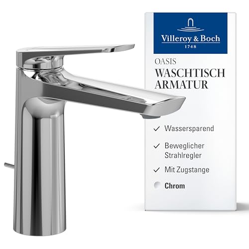 Villeroy & Boch Oasis Waschtischarmatur - Waschbeckenarmatur wassersparend mit Keramikkartusche - Wasserhahn Bad für Waschbecken - Badarmatur rund (mit Zugstange, Chrom)