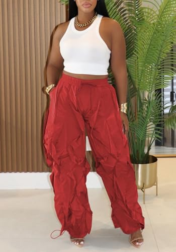 Image of Lucuna Women Balloon Pants Ruffle Fringe Drawstring High Waist Wide Leg Baggy Joggers Parachute Pants