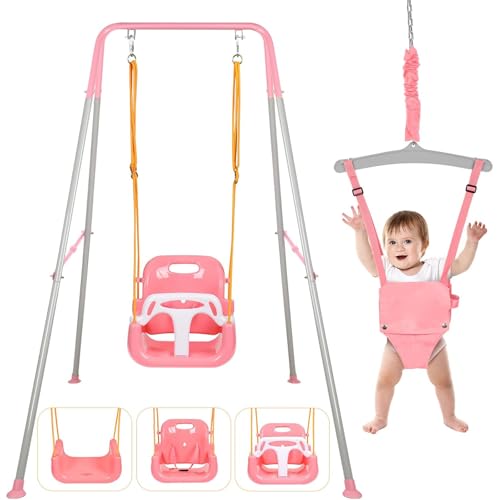 LIODUX 4-in-1 Baby Swing Set and Jumper Heavy Duty Kids Swing Stand Foldable Metal Porch Swings Stand Maximum Weight 90KG Easy to Assemble Kids Bouncer for Indoor & Outdoor Playground (Pink)
