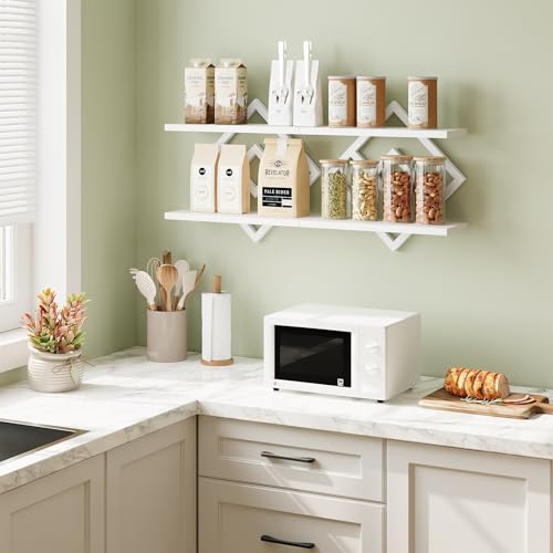 Image of ELYKEN Floating Shelves for Wall, Set of 2 Hanging Shelves, 2-Tier Wall Mounted Storage Shelves for Books & Decor, Perfect for Living Room, Bedroom, Kitchen, Home Office, Study, White