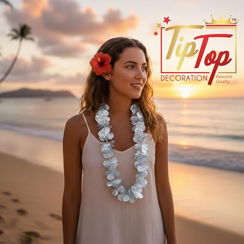 Image of Premium 4 Pieces Metallic Hawaiian Mala Garland Flower Necklace Luau Leis (Free Size) (Moon Silver)