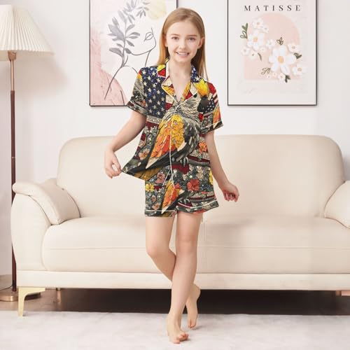 ALAZA Parrot American Flag Flower Satin Pajamas Set Short Sleeve Button Down Sleepwear Summer Pjs 2 Piece3