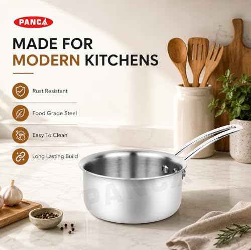 Image of PANCA Stainless Steel Saucepan for Milk, Tea & Coffee | Multipurpose Tea Pan & Milk Boiler for Gas & Induction Cooktop | Heavy Duty Cooking Pot with Comfortable Handle (2 litres)