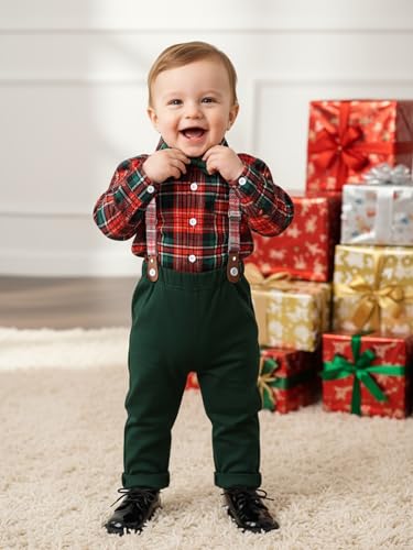 Image of Boarnseorl Baby Boys Pants Sets, Infant Long Sleeve Shirt + Pants + Bow Tie + Suspenders Outfits