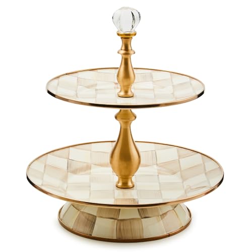 MACKENZIE-CHILDS Enamel Two-Tier Sweet Stand, Two-Tiered Serving Tray for Dessert, Brown-and-White Mocha Check
