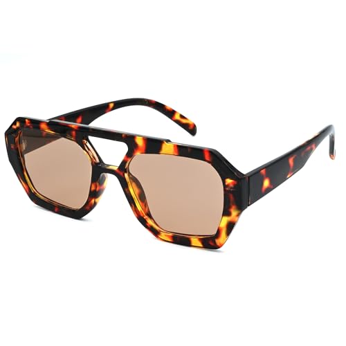 Onrtry Trendy Hexagonal Aviator Sunglasses for Women Thick Square Frame Double Bridge Sun Glasses