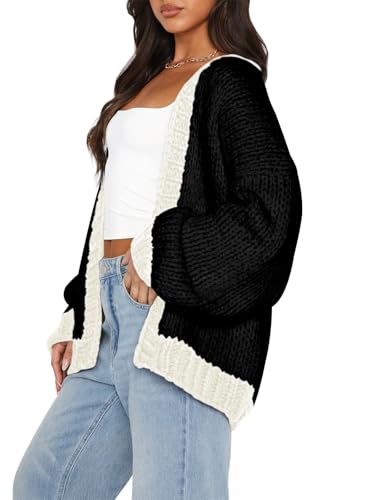 Image of Women's 2025 Fall Long Sleeve Cable Knit Sweater Color Block Open Front Cardigan Chunky Loose Outerwear Coats