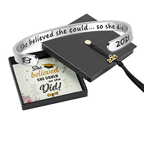 SAM & LORI She Believed She Could So She Did Graduation Gift Inspirational Cuff Bracelet Bangle Grad Cap Jewelry Mantra Quote Engraved Friendship Present for Her Women Girl College Senior Student