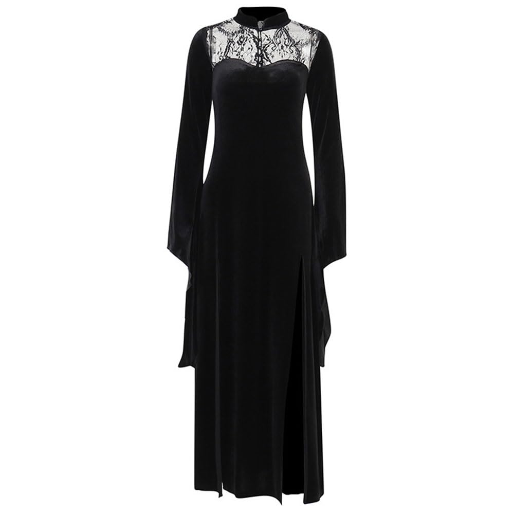 Robe longue sexy fendue en dentelle à manches longues évasées sirène col haut pour Halloween, gothique, sorcière, cosplay | Robe fendue sexy