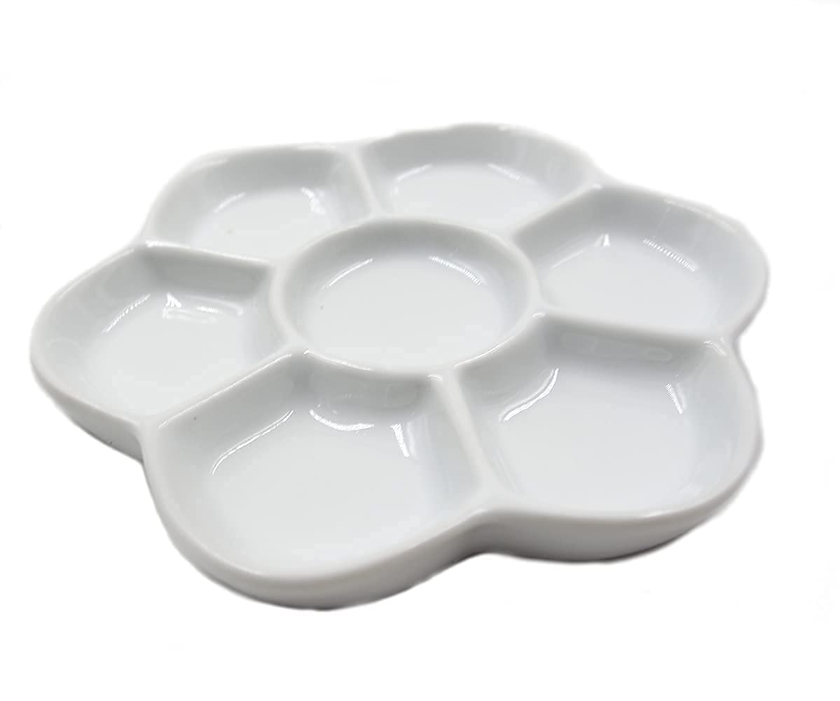 feedal 7'' Porcelain Ceramic 7 Well Daisy Shaped Watercolour Paint Mixing Palette Artist Paint Palette for Water, Oil or Acrylic Colour