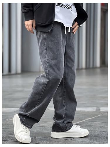 OYOANGLE Men's Drawstring Waist Jeans Straight Leg Denim Pants with Pocket Zipper Fly Trousers3