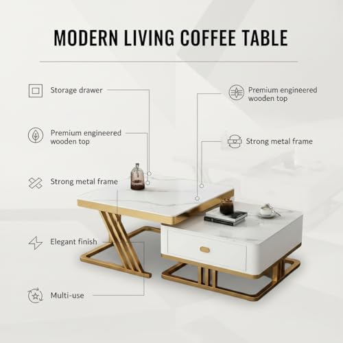 Image of RIZIK Stores Iron Frame Handmade Drawer Square Coffee Table /Nesting Table /Side Table /Center Table with Engineered Wood Top for Living Room /Drawing Room /Balcony (White Gold, 30 inchx30 inch)
