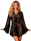 ohmydear Mesh Robe for Women Long Sleeve Kimono Lace Plus Size Bride Lingerie Black 3XL-4XL