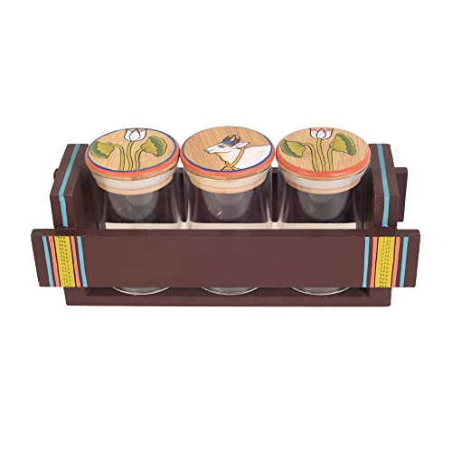 Image of AAKRITI ART CREATIONS Pichhwai Storage Containers for Nuts and Seeds S03 | Jar Holder with 3 Glass Jars | Handcrafted Pichhwai Art Storage Jars | Kitchen Decoration Items Stylish Jars