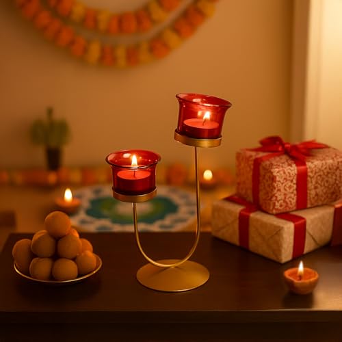 Image of MARKET 99 Metal+Glass 2 Votive T- Light Holder U Shape | for Diwali, Christmas, Birthday, and Wedding | Decorative Candle Holder for Home Decor & Festive Season | Golden & Red