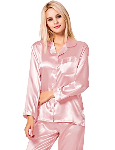 Image of SWOMOG Long Sleeve Pajamas Set Silk Satin Sleepwear Button Down Pjs Loungewear with Pocket