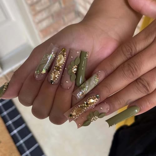 Green Fake Acrylic Long Nails Square False Nails Full Cover Rhine...