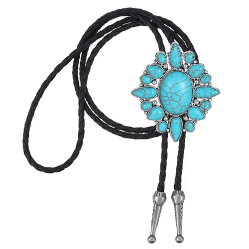 Image of AZORA Western Cowboy Bolo Tie Men Leather Necktie Leather Cord Turquoise Stone Bolo Ties for Men Women