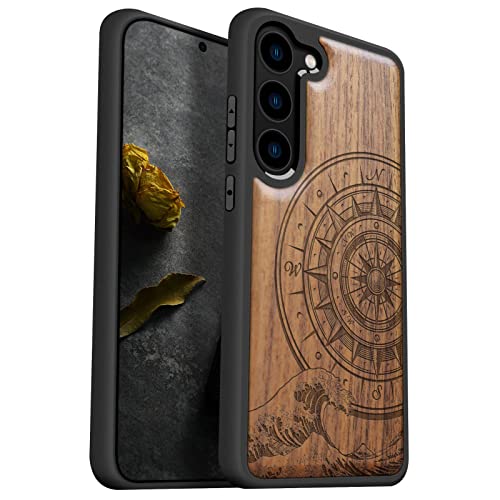 Coque en bois de noyer gravé boussole pour Samsung S23
