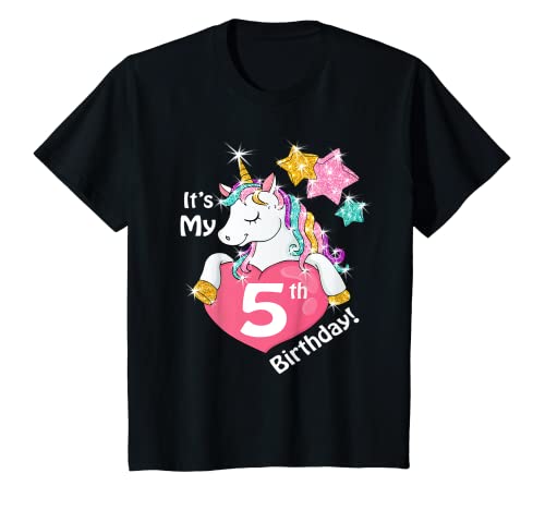 Niños Its My 5th Birthday Unicorn Shirt (niña de 5 años) corazón Camiseta