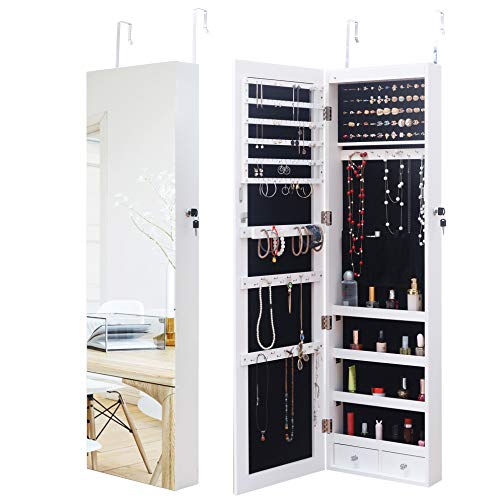 Fashion Simple Jewelry Armoire Organizer Jewelry Storage Mirror Lockable Wall/Door Mounted Jewelry Cabinet with Full Length Mirror, Larger Capacity, Dressing Mirror For Living Room Or Bedroom (White)