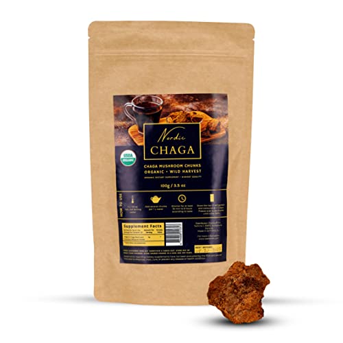Nordic Organic Chaga Mushroom Chunks â€“ 100% Wild Harvested Organic Mushroom, 3.5 oz â€“ Whole Raw Chaga for Stress Relief â€“ Memory & Liver (Nordic Chaga Chunks)