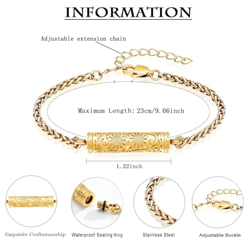 zeqingjw Sunflower Cylinder Cremation Urn Bracelet for Ashes Stainless Steel Memorial Jewelry Loved Ones Ashes Holder Keepsake Bangle for Women2