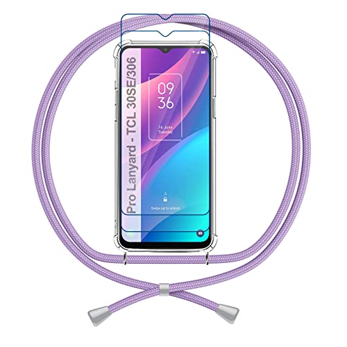 Funda Cordón Compatible con TCL 30 SE/TCL 306, Carcasa Vidrio Templado Transparente TPU Air Cushion Clear Silicona Anti Amarillo Cover Correa Colgante Ajustable Case, Morado Cover
