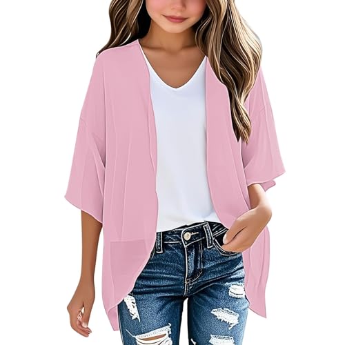 Girls Kimono Beach Cover Up Lightweight Flowy Chiffon Cardigan Open Front Cardigan 3/4 Batwing Sleeve Cover Up Tunic Blouse