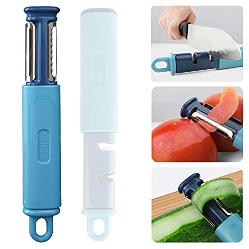 HAIJIN 3 in 1 Vegetable Peeler 2 Stage Knife Sharpener Serrated for Kitchen Stainless Steel Veggie Fruit Potato Hard Skinned Carrot Apple Cucumber & Soft Tomato Kiwi (blue), 7.7 x 1.3 0.89in, 4616