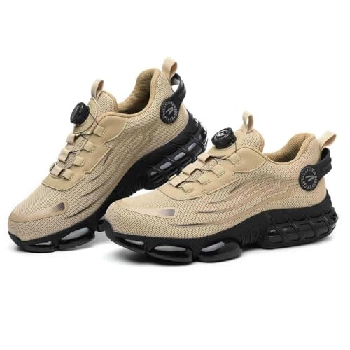 HANCHE Zapatos De Seguridad con Cordones Y Botones, Zapatos con Puntera De Acero Antiaplastamiento Y Antiperforación, Calzado De Seguridad Laboral For La Construcción Industrial(Beige,EU 48)