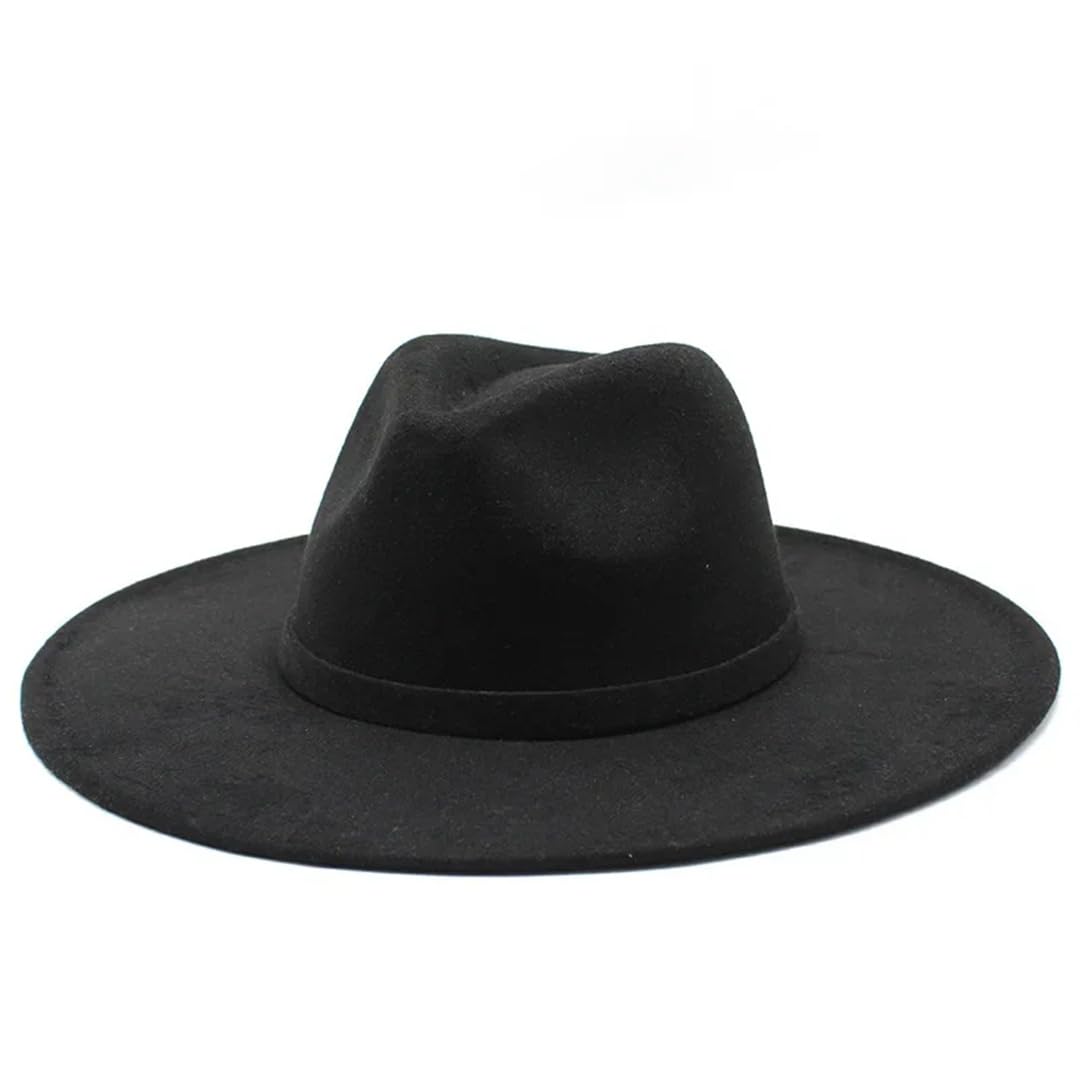 Pegsmio Women's Black 9.5Cm Big Wide Brim Imitation Wool Fedora Hat For Winter Elegant Jazz Church Hats