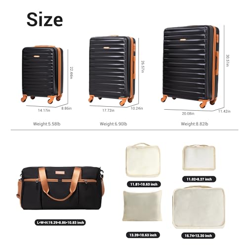 Luggage Sets 3 Piece,5 peice Suitcases with Double Spinner Wheels and TSA Lock,Hardcase Luggage with Travel Duffle Bag,Carry On Luggage Set (BLACK)2