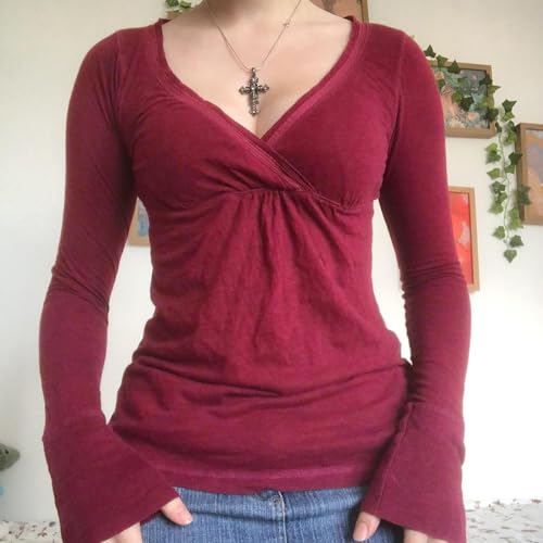 Tsultryofs Y2k Grunge Aesthetic Clothes for Women Long Sleeve V-Neck T Shirts Vintage Fall Top Harajuku Streetwear3