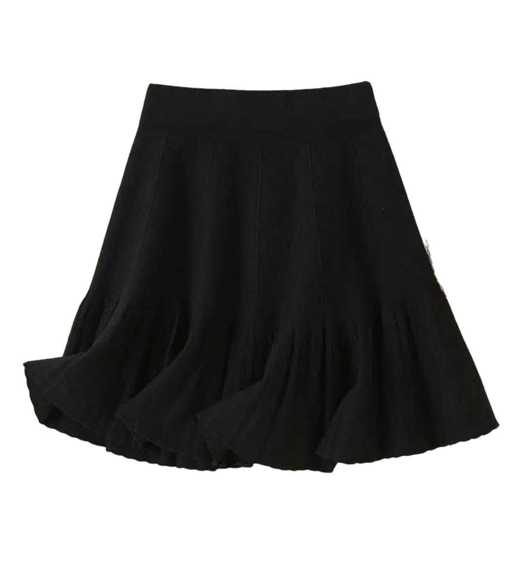Women High Waist Ruffle Hem Knit Mini Skirt Winter Elegant Pleated A Line Warm Party Office Skirt