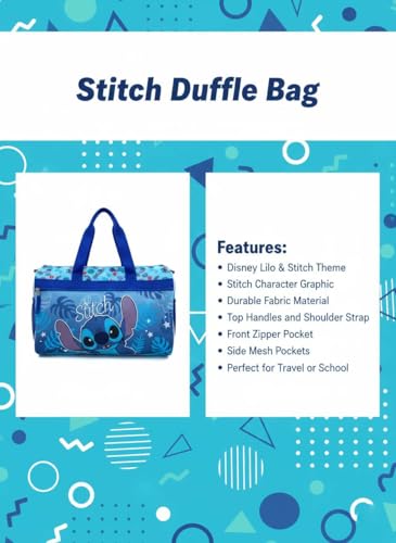 Image of Disney Stitch Kids' Duffle Bag - Lilo & Stitch Travel Gym Bag with Adjustable Strap, Mesh Side Pockets & Zipper Pocket