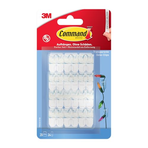 Command Clips de décoration avec bandes adhésives, transparents, 20 clips et 24 bandes – Pour décoration et guirlande lumineuse sans trous ni perçage