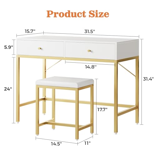 Image of SUPERJARE 31.5 inch White and Gold Desk with 2 Drawers, Modern Makeup Vanity