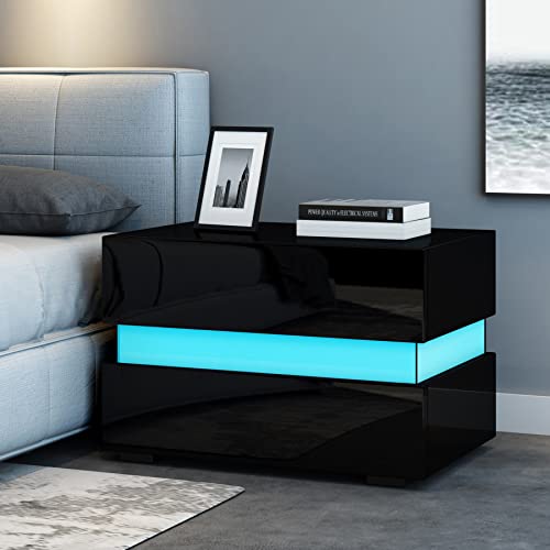 Komtopod Schwarz Nachttisch Moderner LED Licht Nachtschrank Hochglanz Nachttische Beistelltisch mit 2 Schubladen für Schlafzimmer (Schwarz) Komtopod Schwarz Nachttisch Moderner LED Licht Nachtschrank Hochglanz Nachttische Beistelltisch mit 2 Schubladen für Schlafzimmer (Schwarz)