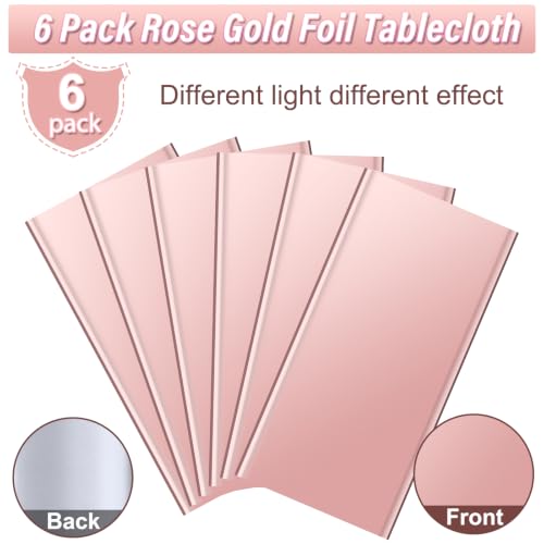 Image of 6 Pack Rose Gold Plastic Tablecloth, Dusty Pink Disposable Rectangle Table Covers, Holographic Metallic Foil Tablecloth Rose Party Supplies Decorations for Birthday Wedding Bachelorette, 54x108Inch