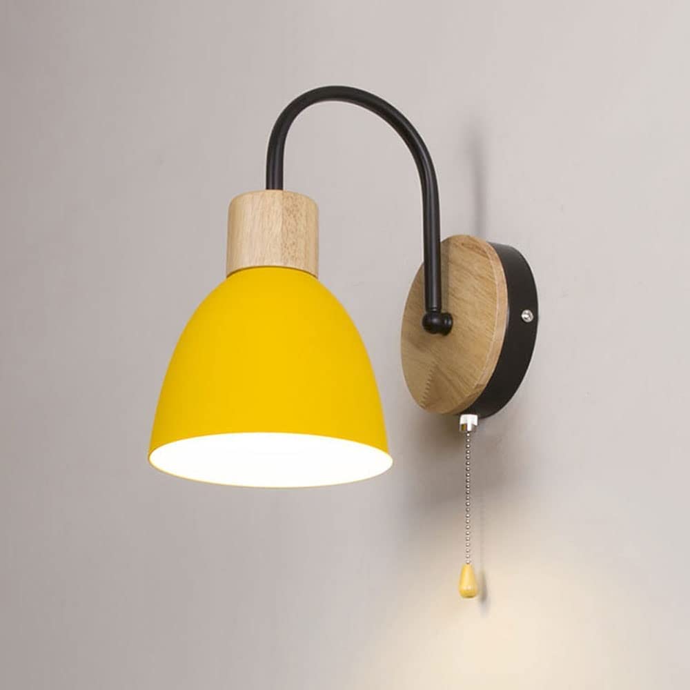 HYJAUSXB Modern Nordic Hardwired Wall Light - Wood Lamp with Pull Chain Switch Bedroom Bedside Headboard Lighting Mount Lights for Study Room, Hallway, Foyer (Black-Green) (Blackyellow)