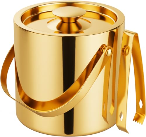 Image of finality Premium Stainless Steel Ice Bucket with Tongs and Jigger - 1 Litre Double Walled Insulated Ice Box for Bar, Home & Parties (Gold Polish IB + Tong)