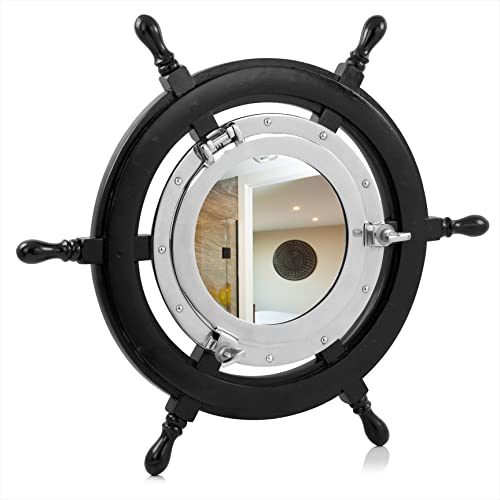 Nagina International Pitch Black Nautical Ship Wheel Mirror | Nickel Aluminum Porthole Mirror | Exclusive Wall Decor (24 Inches)