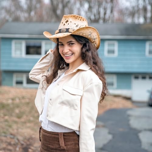 Image of TOVOSO Straw Cowboy Hat for Women and Men with Shape-It Brim, Western Cowboy Hat, Orange /Beads - Tea Stain