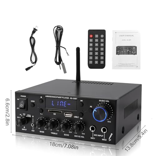 Image of Amplifier Audio 800W, 2-Channel, Bluetooth 5.0 | Home Stereo Amplifier with RMS 60Wx2, HiFi Mini Amp with Echo, MIC, USB, SD, AUX, for Home, Car, Karaoke
