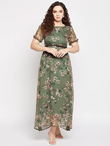 Image of SEREIN Fashfun Women's Maxi Dress (Green Floral Printed Chiffon Dress with Short Puff Sleeve)